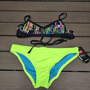 TYR Women's Hiroomi Black/neon Tieback Top & Workout Bikini Sz M NEW No Tag